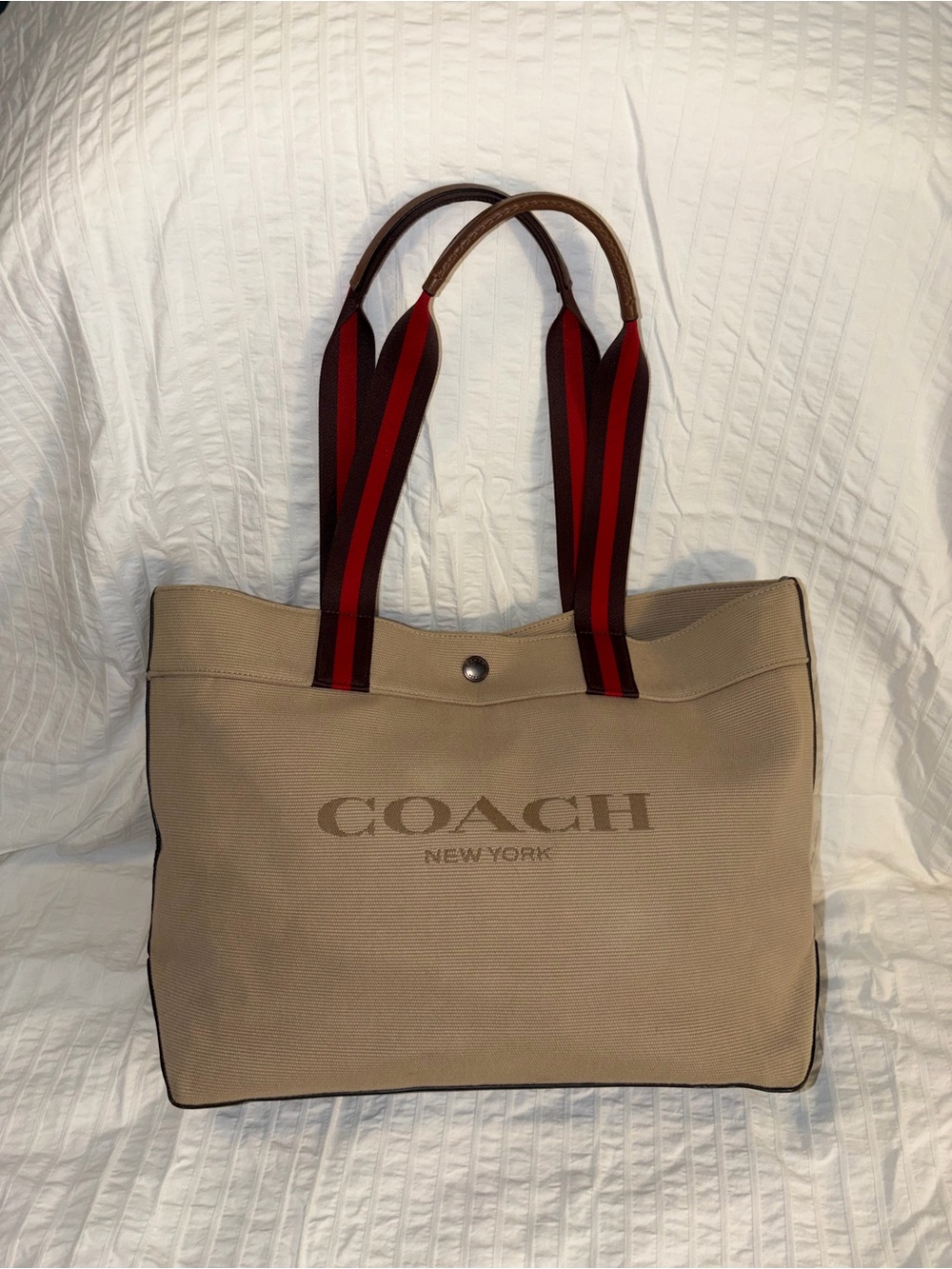 Coach Beige Canvas Tote with Red and Black Stripe Straps with original bag tag